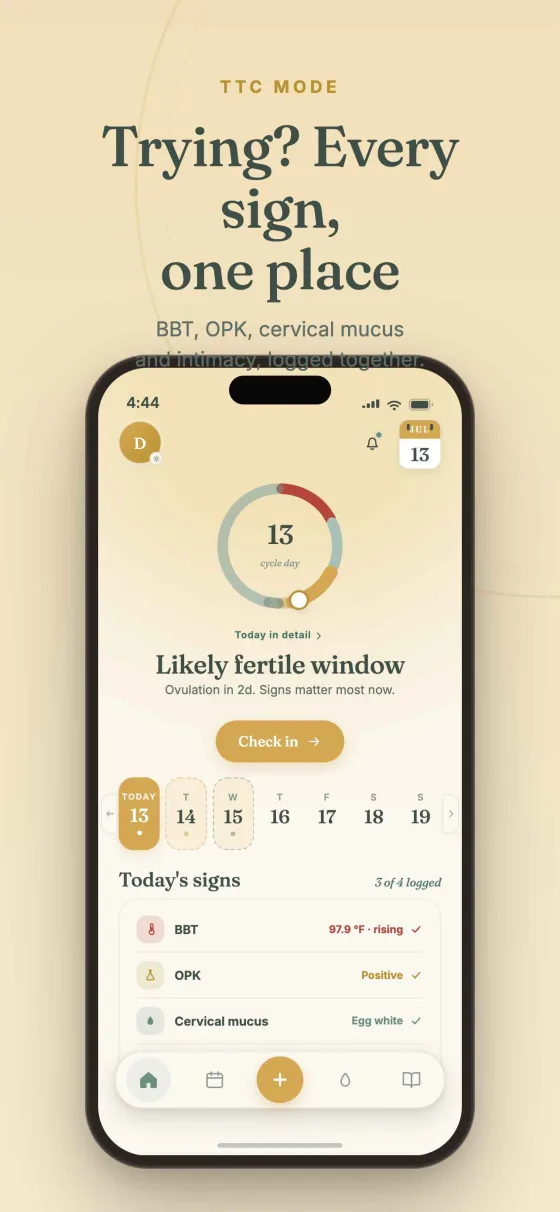 Dela Trying mode showing the estimated fertile window and ovulation day